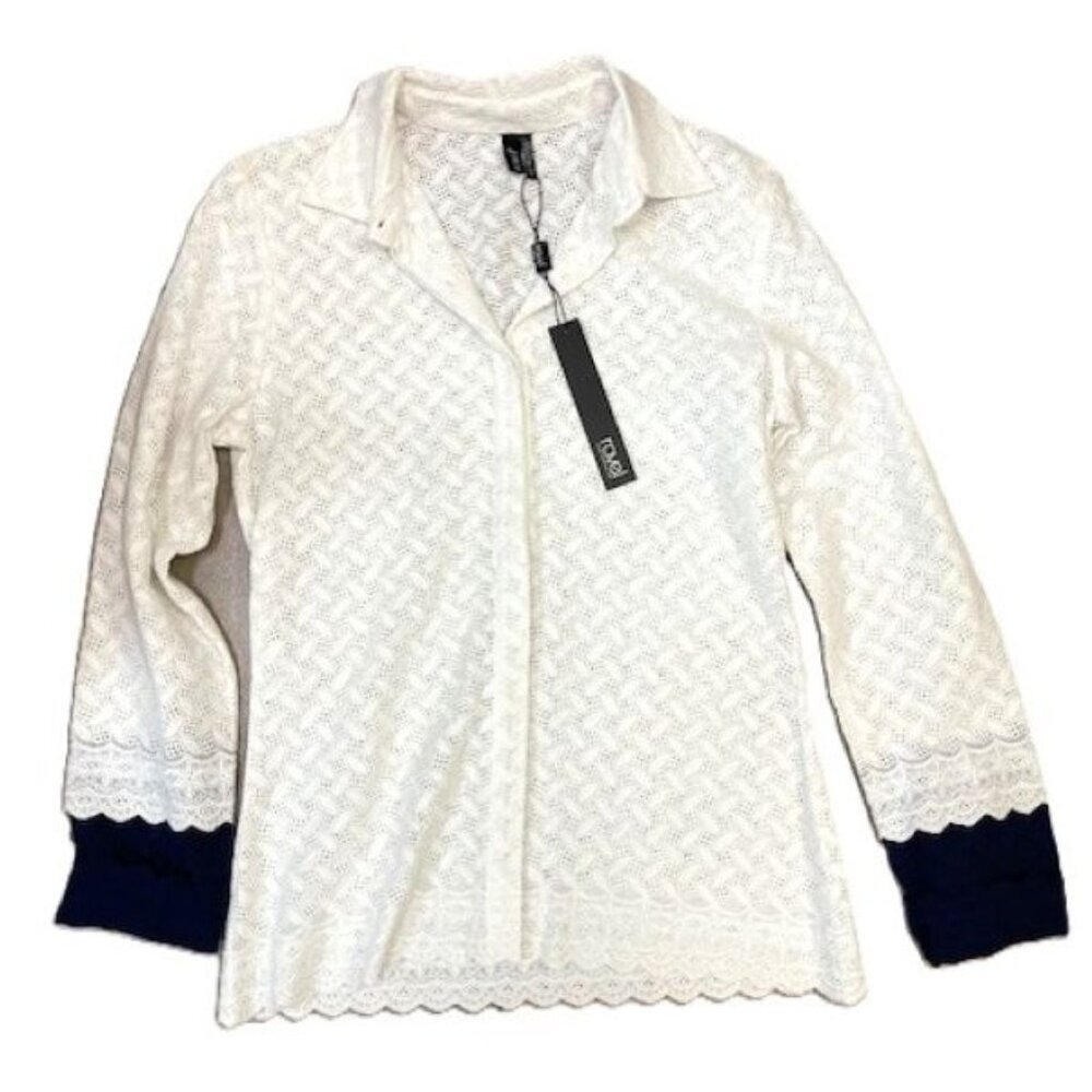 Ravel White Eyelet Lone Sleeve Bouse With Navy Cuffs